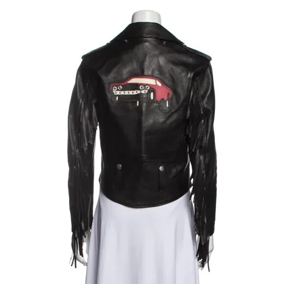 Coach 1941 Women’s XS/2 Black 100% Calf Leather Biker Moto Jacket Striped Fringe - Picture 4 of 5